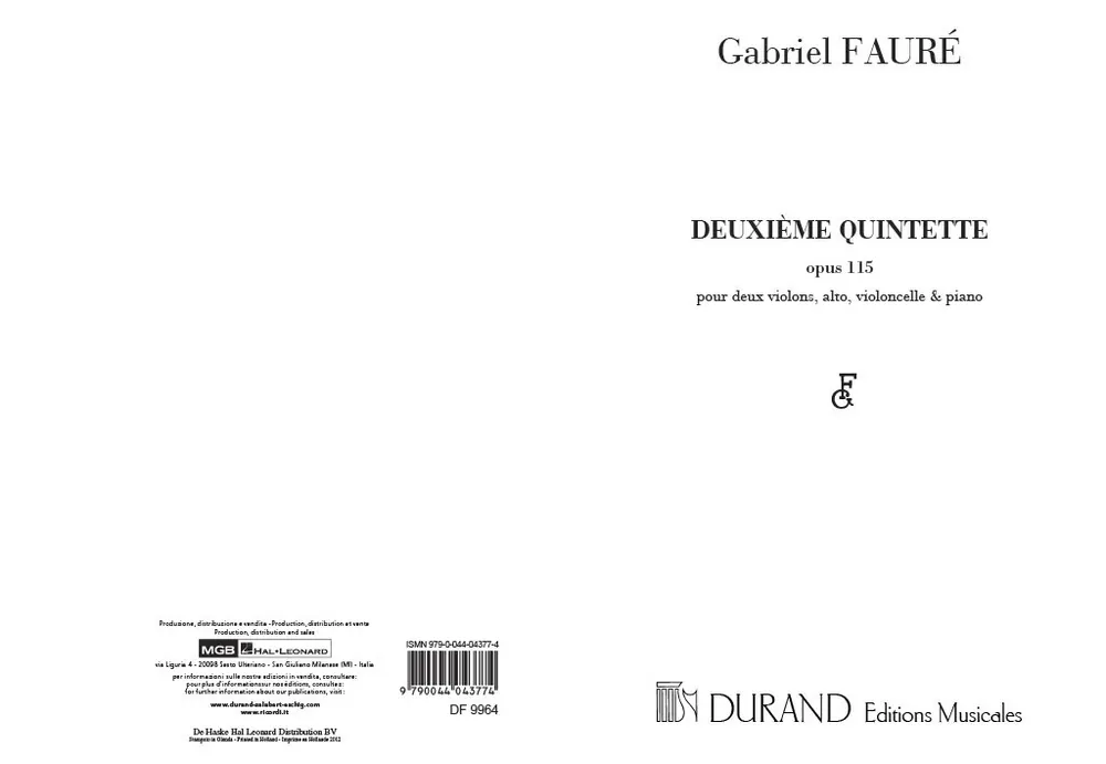 Rabatt Durand FAURE G. - DEUXIEME QUINTETTE OPUS 115 - DEUX VIOLONS ALTO VIOLONCELLE ET PIANO
