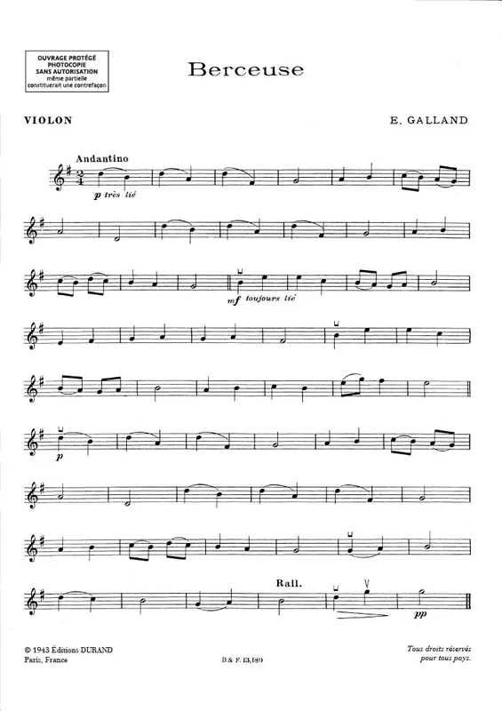 Durand GALLAND - BERCEUSE - VIOLON ET PIANO Preisreduziert