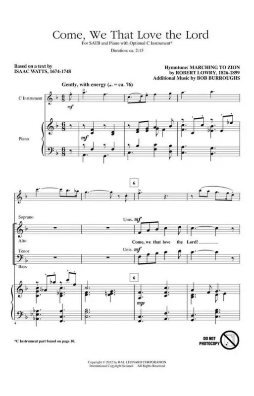 Kostenloser Rückversand Bob Burroughs_Robert Lowry, Come, We That Love the Lord